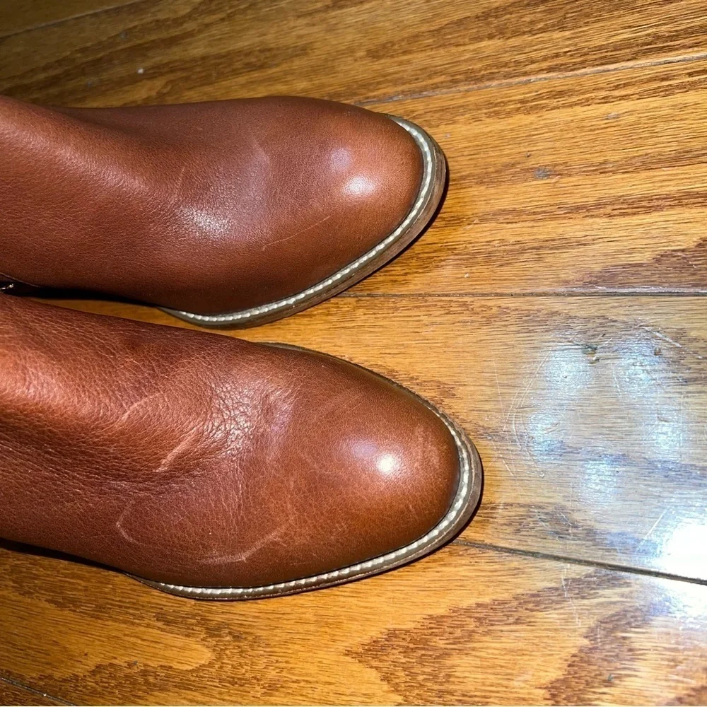 FARYL Brown Leather Stacked Heeled Booties with Buckle Size 10 - Picture 2 of 11
